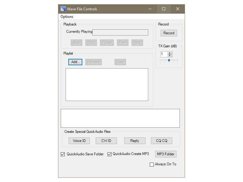 Multiple Saved QuickAudio files (WAV and MP3 formats), Voice keyer options (including ID timer voice keyer), and contest buttons.